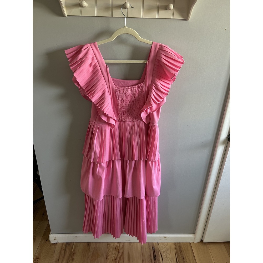 NWT Crosby by Mollie Burch Pink Pleated Tiered Midi Dress Ruffle Sleeve Medium - Picture 2 of 3